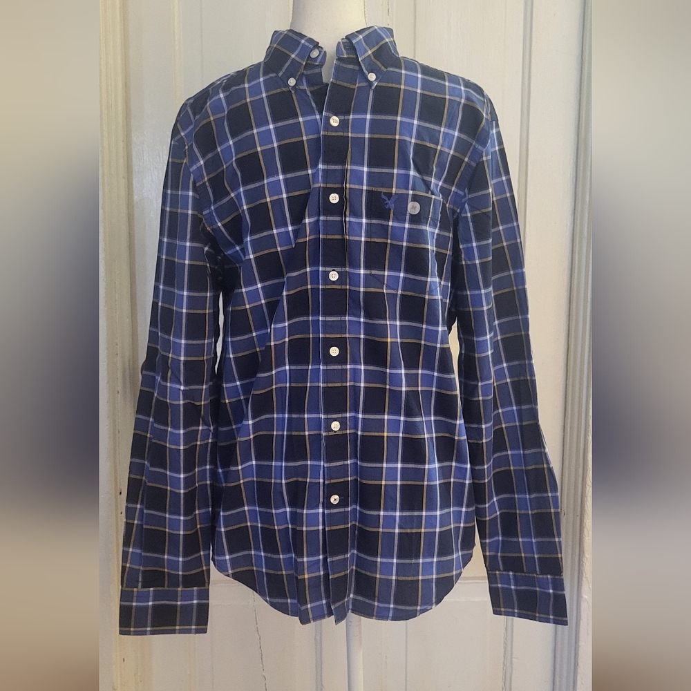 American Eagle Outfitters Blue Plaid Button-Down Shirt